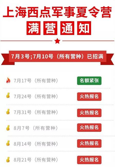 2019年上海西点军事夏令营暑期部分营程名额已满通知！1